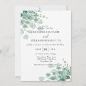 水色グリーンユーカリフローラの葉結婚の 招待状 (正面)