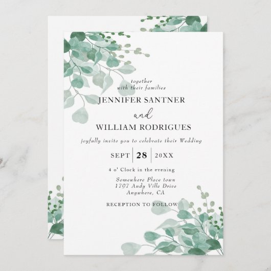 水色グリーンユーカリフローラの葉結婚の 招待状 (正面/裏面)
