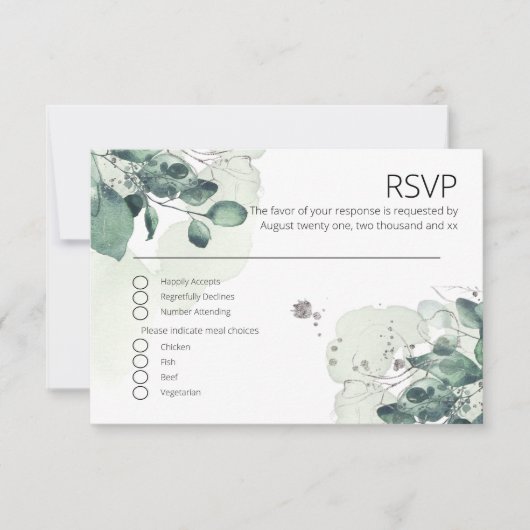 水色グリーン葉植物結婚式RSVP 出欠カード (正面)