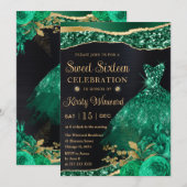 水色グリーン金ゴールドグリッタードレスSweet sixteen 招待状 (正面/裏面)
