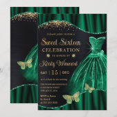 水色グリーン金ゴールドグリッタードレスSweet sixteen 招待状 (正面/裏面)
