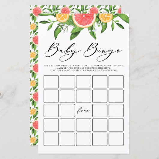 水色グレープフルーツベビービンゴベビーシャワーゲーム (正面/裏面)