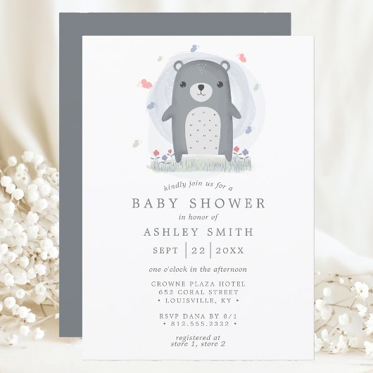 水色グレーベアかわいいシンプル男の子ベビースシャワー 招待状