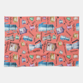 水色コーヒーエスプレッソカップ、マグカップポットパターン キッチンタオル