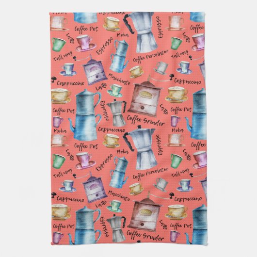 水色コーヒーエスプレッソカップ、マグカップポットパターン キッチンタオル (縦)