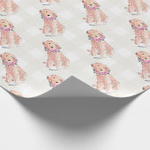 水色ゴールデンドードルドッグフラワーギンガムスウィート ラッピングペーパー (角)