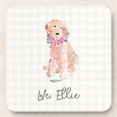 水色ゴールデンフラワーラブドッグネームジンガム コースター (正面)