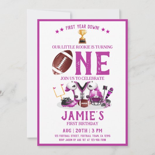 水色サッカーオールスターピンク1日の誕生日 招待状 (正面)