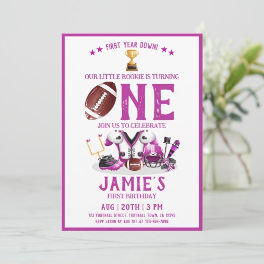 水色サッカーオールスターピンク1日の誕生日 招待状 (スタンド正面)