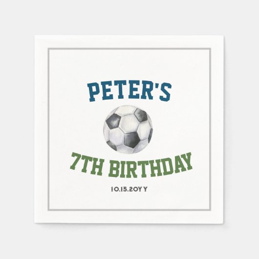 水色サッカーカスタム子供の誕生日パーティー スタンダードカクテルナプキン (正面)