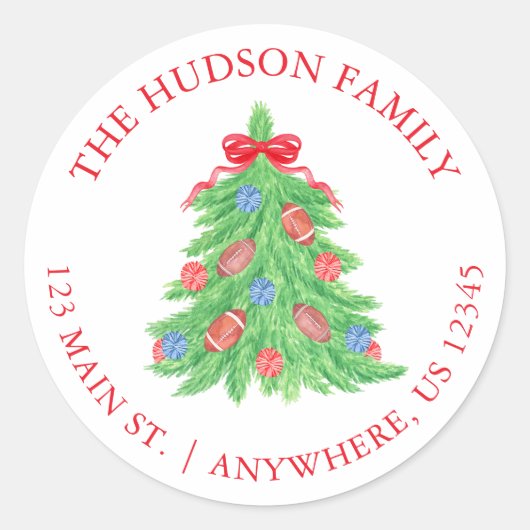 水色サッカークリスマスツリーアドレス ラウンドシール (正面)