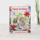 水色サッカーファミリーフォトホリデーグリーティング カード (正面)