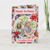 水色サッカーファミリーフォトホリデーグリーティング カード (正面)