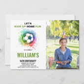 水色サッカー誕生日招待状（写真付） 招待状 (正面)