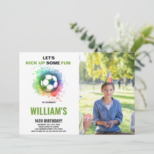 水色サッカー誕生日招待状(写真付) 招待状 (スタンド正面)