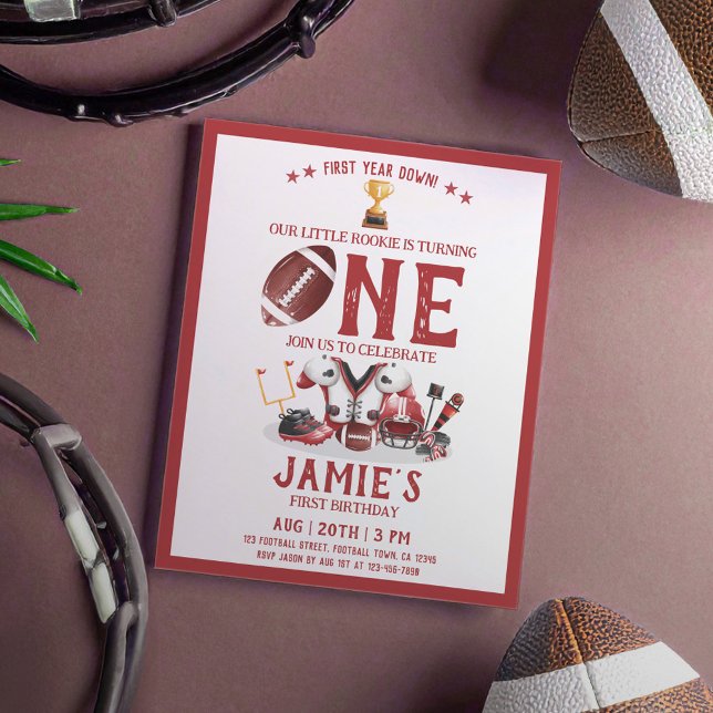 水色サッカー赤の安い1st誕生日招待状 (クリエイターアップロード済み)