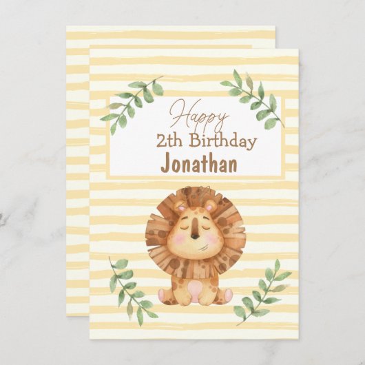 水色サファリライオン野生動物の少年の誕生日カード (正面/裏面)