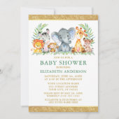 水色サファリ動物シャワーグリッター緑 招待状 (正面)