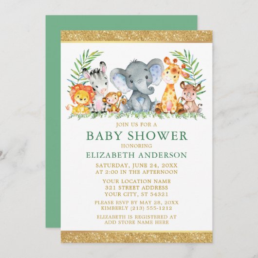 水色サファリ動物シャワーグリッター緑 招待状 (正面/裏面)