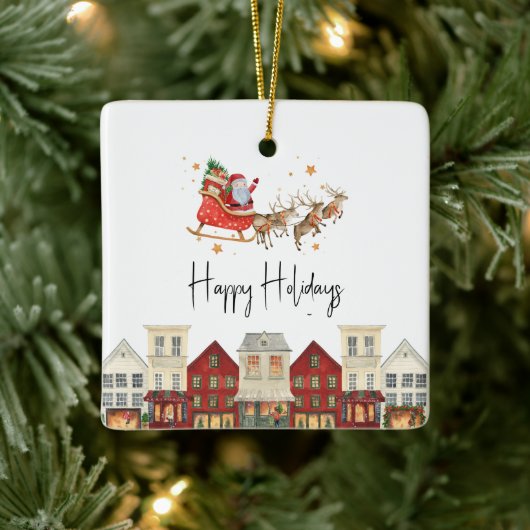 水色サンタかわいい家族のクリスマス セラミックオーナメント (ツリー)