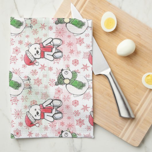 水色サンタテディベアとバーディクリスマス キッチンタオル (四つ折り)