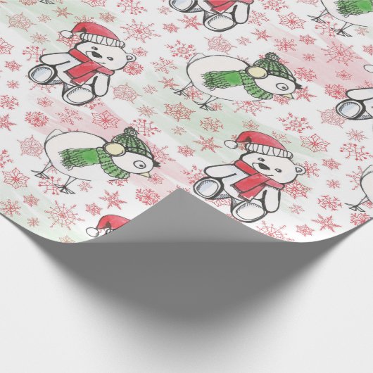 水色サンタテディベアとバーディクリスマス ラッピングペーパー (角)