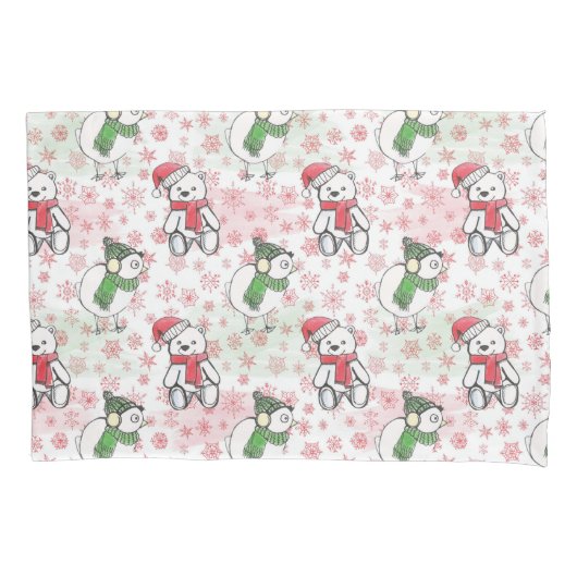 水色サンタテディベアとバーディクリスマス 枕カバー (正面)