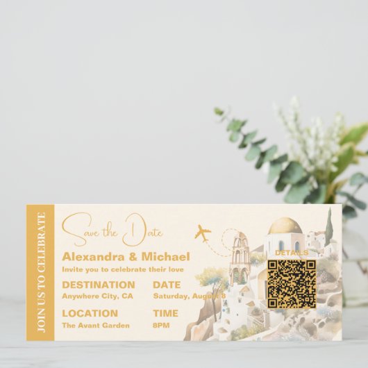 水色サントリーニ目的地の結婚式 招待状 (スタンド正面)