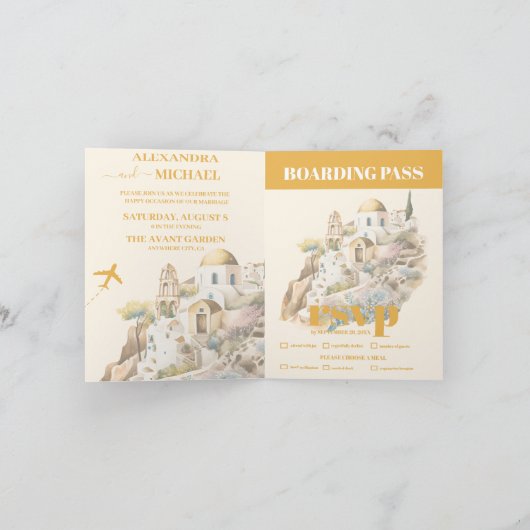 水色サントリーニ目的地の結婚式 招待状 (内部)