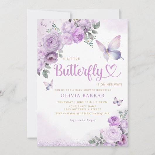 水色シックな紫色の蝶の赤ちゃん女の子シャワー 招待状 (正面)