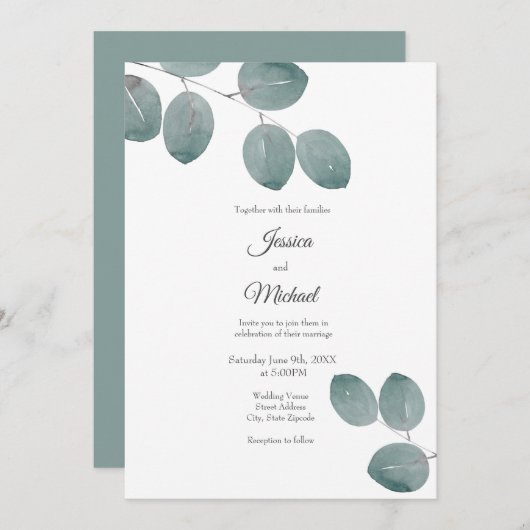 水色シルバードルユーカリ葉 招待状 (正面/裏面)