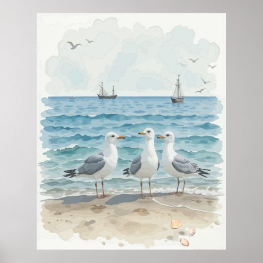 水色シーグルズアットザビーチ沿岸海 ポスター (正面)