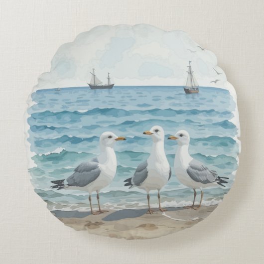 水色シーグルズアットザビーチ沿岸海 ラウンドクッション (正面)