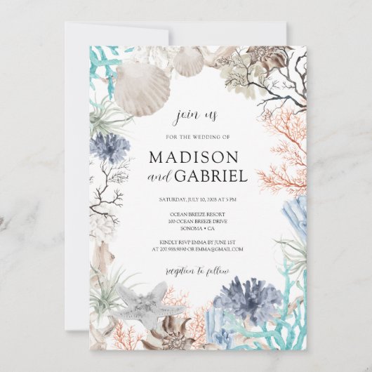 水色シーシェルコーラルスターフィッシュシーサイド結婚ズ 招待状 (正面)