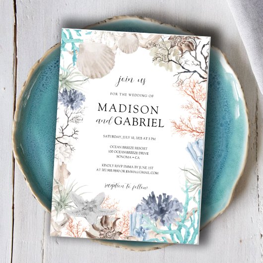 水色シーシェルコーラルスターフィッシュシーサイド結婚ズ 招待状