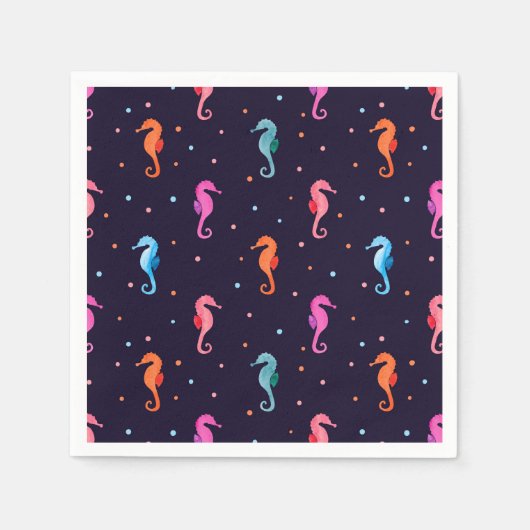 水色シーホースのネイビーブルー模様 スタンダードカクテルナプキン (正面)