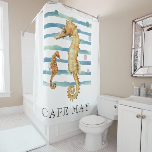 水色シーホース、ビーチ町、ケープメイ シャワーカーテン (インサイチュ)