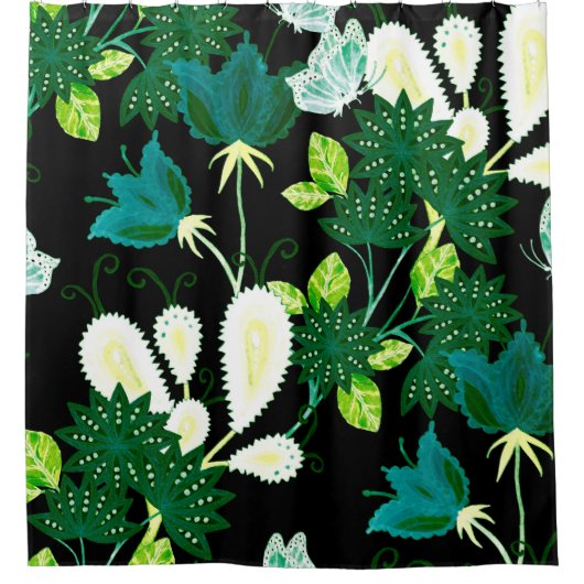 水色シームレスなパターンとファンタジー花a シャワーカーテン (正面)