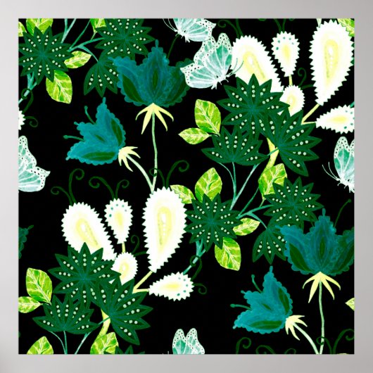 水色シームレスなパターンとファンタジー花a ポスター (正面)