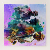 水色ジャズバンドミュージシャン音楽サクソフォン ジグソーパズル (横)