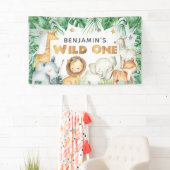 水色ジャングルアニマルワイルドワン誕生日バナー 横断幕 (インサイチュ)