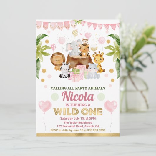 水色ジャングルサファリアニマルガールズ誕生日 招待状 (スタンド正面)