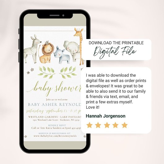 水色ジャングルサファリアニマル男の赤ちゃんシャワー 招待状