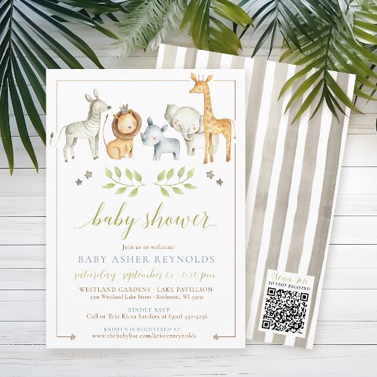 水色ジャングルサファリアニマル男の赤ちゃんシャワー 招待状