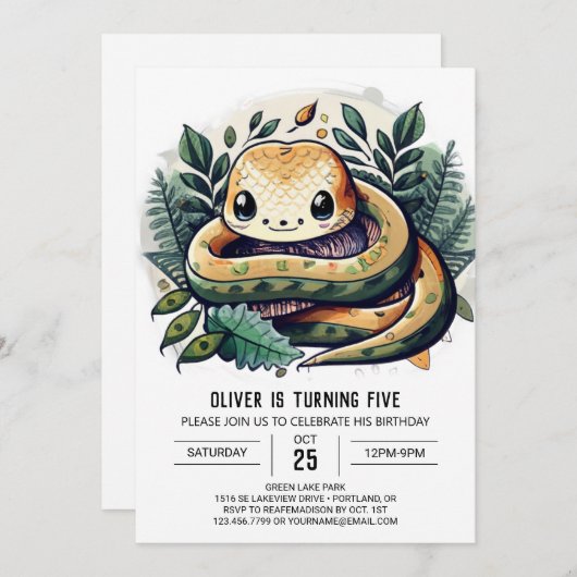 水色ジャングルスネーク誕生日 招待状 (正面/裏面)