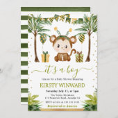 水色ジャングルモンキー男の赤ちゃんシャワー 招待状 (正面/裏面)
