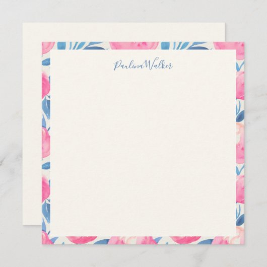 水色スタイリッシュフローラブルーピンクパーソナライズされた  ノートカード (正面/裏面)