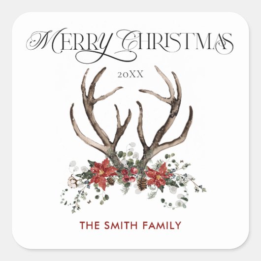 水色スタッグメリークリスマスボタニカル スクエアシール (正面)