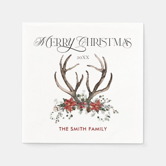 水色スタッグメリークリスマスボタニカル スタンダードカクテルナプキン (正面)