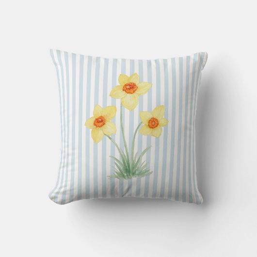 水色ストライプの水仙の花の絵 クッション (正面)